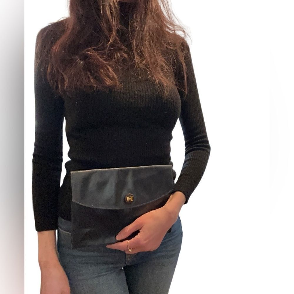Hermes navy leather envelope clutch